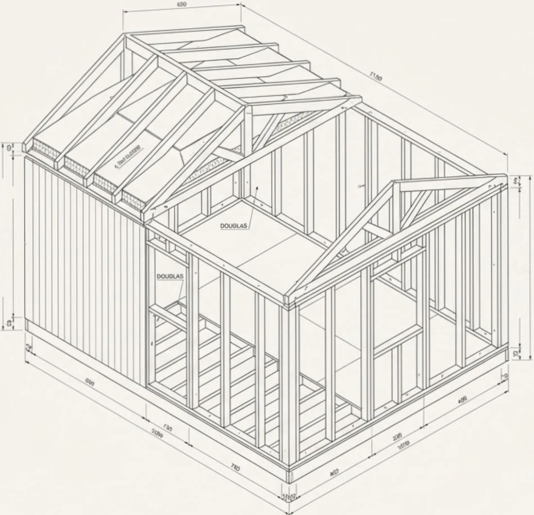 Schéma isométrique de l'ossature bois Douglas du Studio Columna avec mezzanine — vue technique avec dimensions millimétrées et annotations de classe matériau