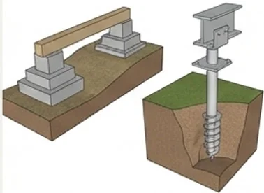 Schéma fondations Columna — plots béton et fondations vissées acier galvanisé, solution réversible sans terrassement lourd