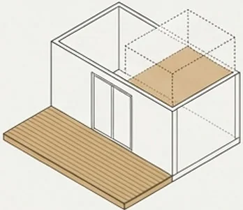 Schéma 3D des options d'espace Columna — terrasse bois 9 à 18 m² et mezzanine intégrale