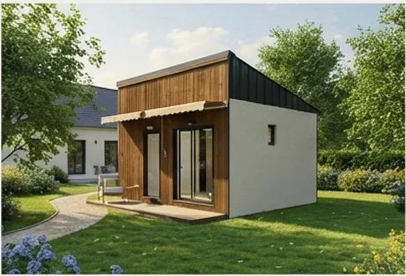 Pack Home Office — Studio Columna 19,5 m² avec finitions essentielles, bardage bois, terrasse 9 m² intégré dans un jardin résidentiel