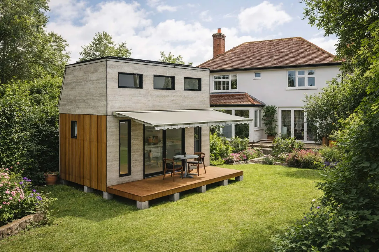 Studio Columna avec mezzanine intégrale — cube contemporain, bardage bois, fenêtres haut-niveau pour la mezzanine, terrasse meublée