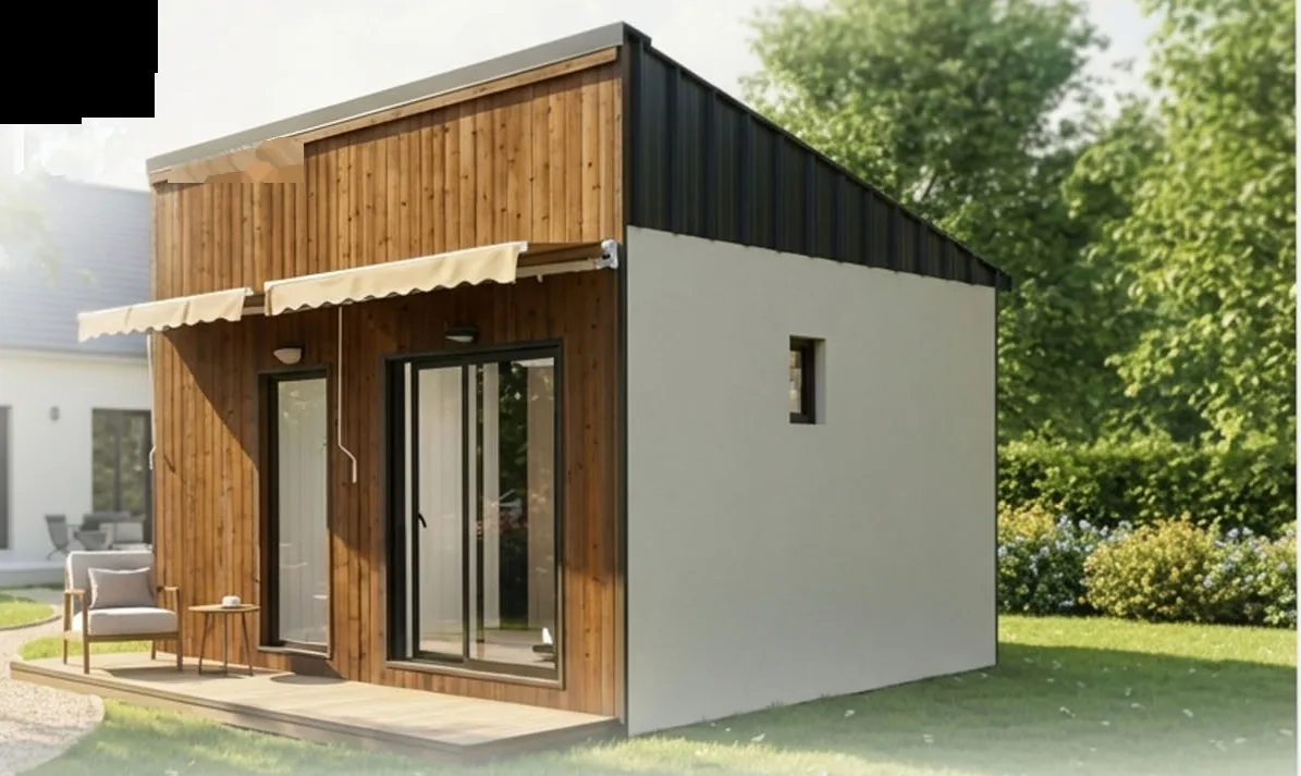 Studio Columna — module 20 m² en bois habitable, terrasse en bois et store, posé dans un jardin résidentiel