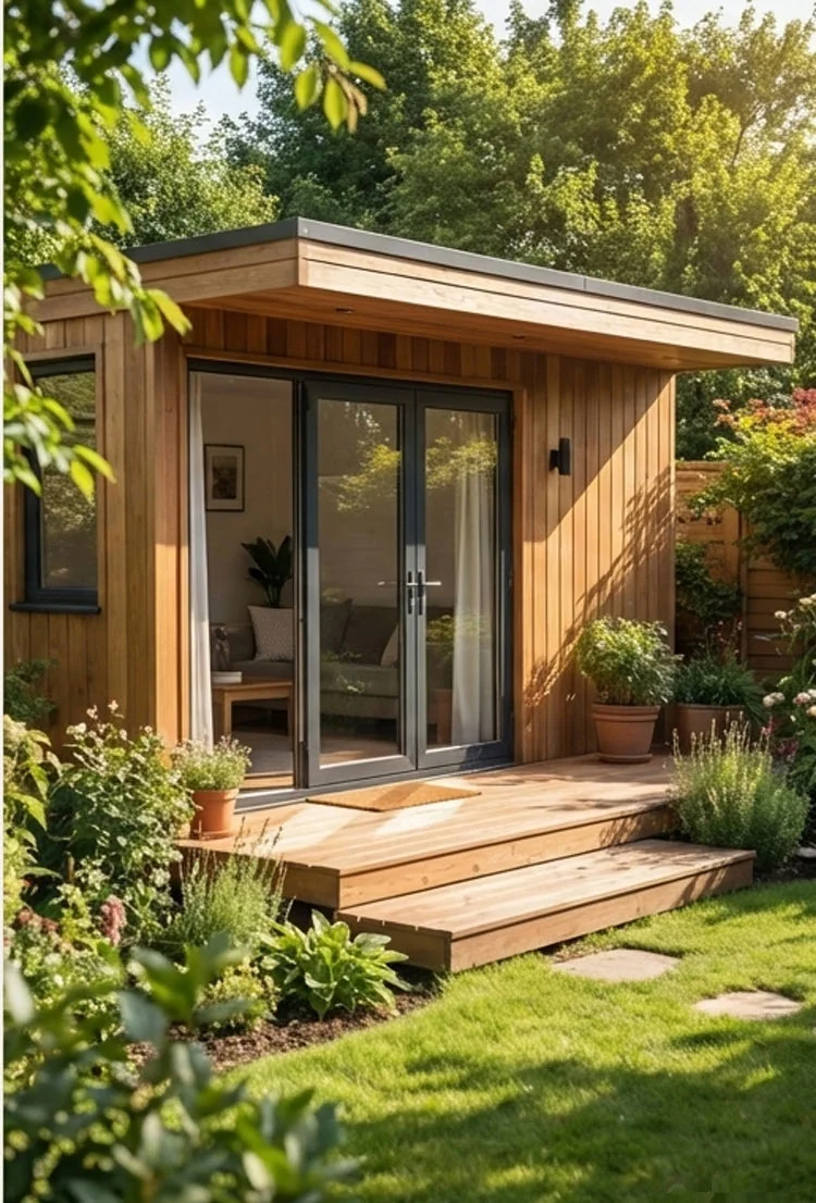 Studio Columna installé dans un jardin paysager — porte vitrée, marches en bois, ambiance soleil de fin de journée