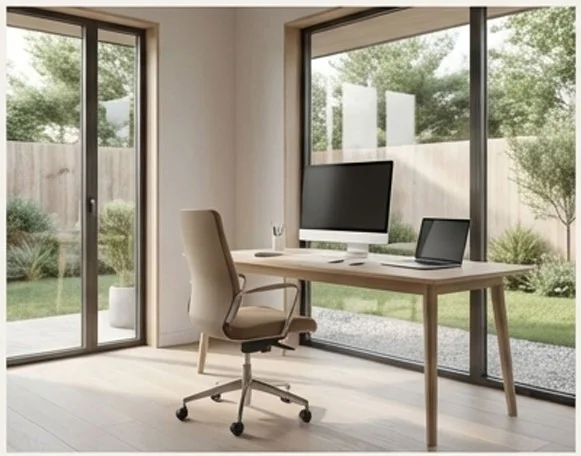 Bureau haut de gamme intérieur Studio Columna — chaise ergonomique, double écran, baie vitrée donnant sur le jardin