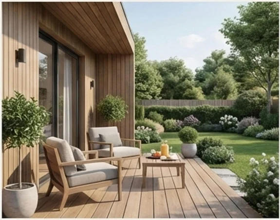 Terrasse Columna meublée avec fauteuils et table — ambiance résidence locative haut de gamme dans un jardin paysager