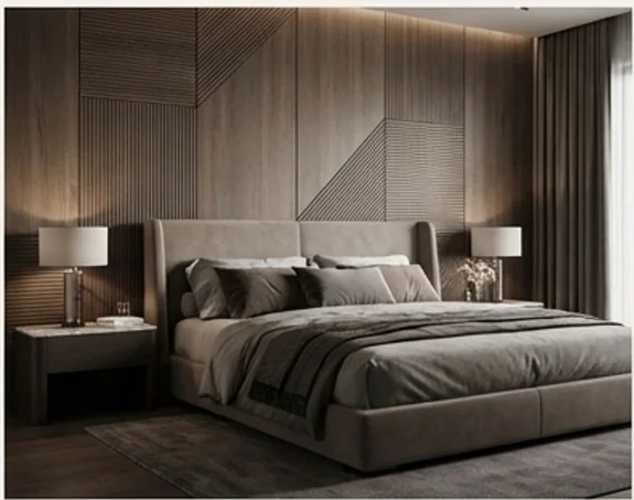 Suite indépendante Studio Columna — chambre cossue, lit double, ambiance feutrée, panneaux bois acoustiques